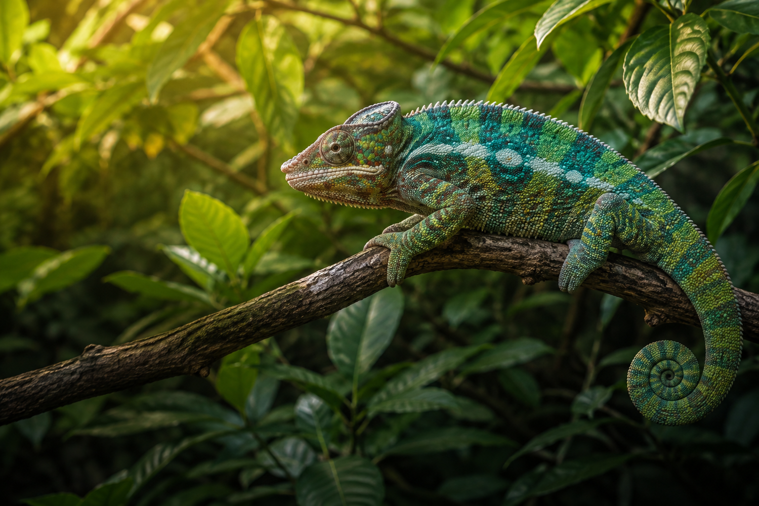 Camaleón pantera sobre una rama en vegetación tropical