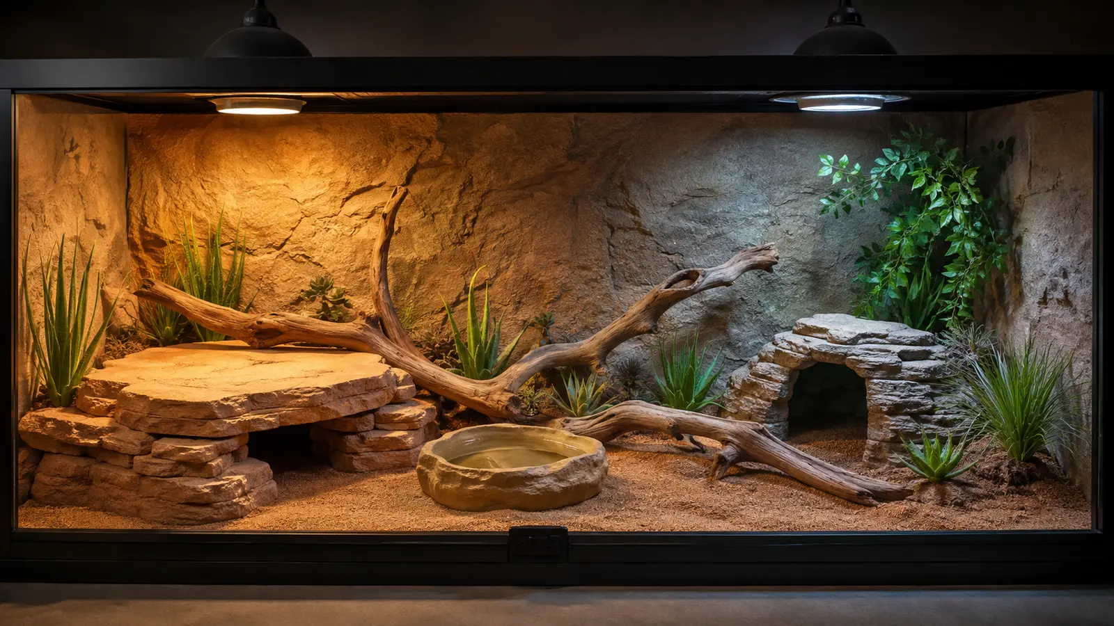 Terrario para pogona con gradiente térmico, zona de asoleo, refugios y plataformas