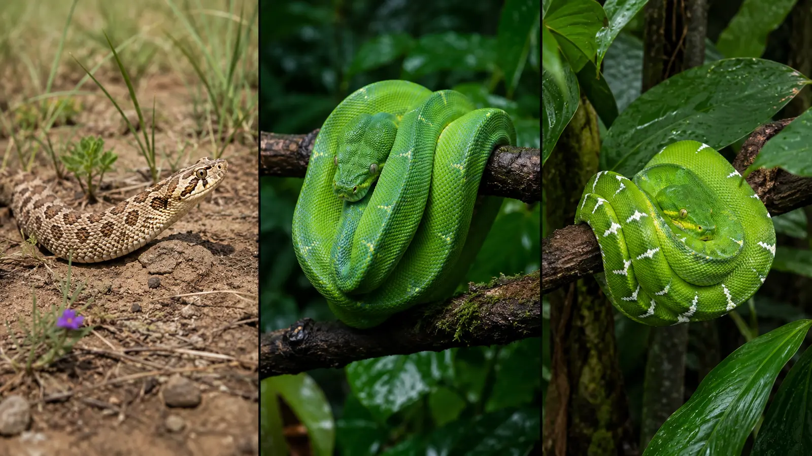 Hognose, boa esmeralda y pitón verde arborícola