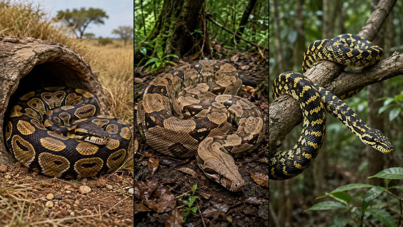 Pitón real, boa y pitón alfombra