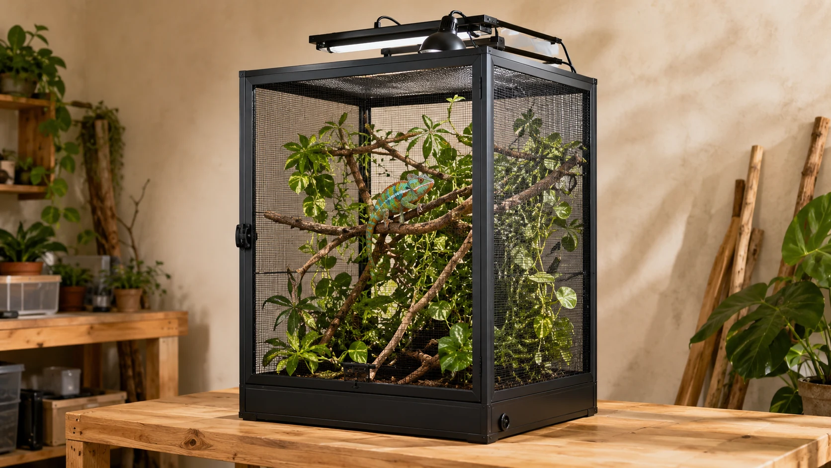 Terrario vertical híbrido para camaleones