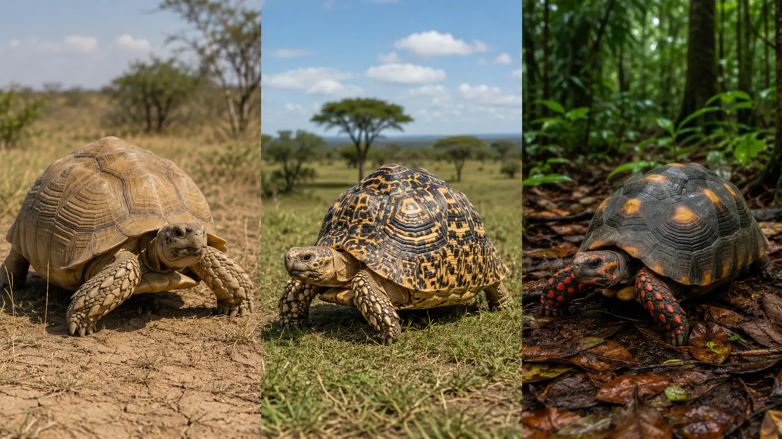 Tortuga sulcata, leopardo y patas rojas